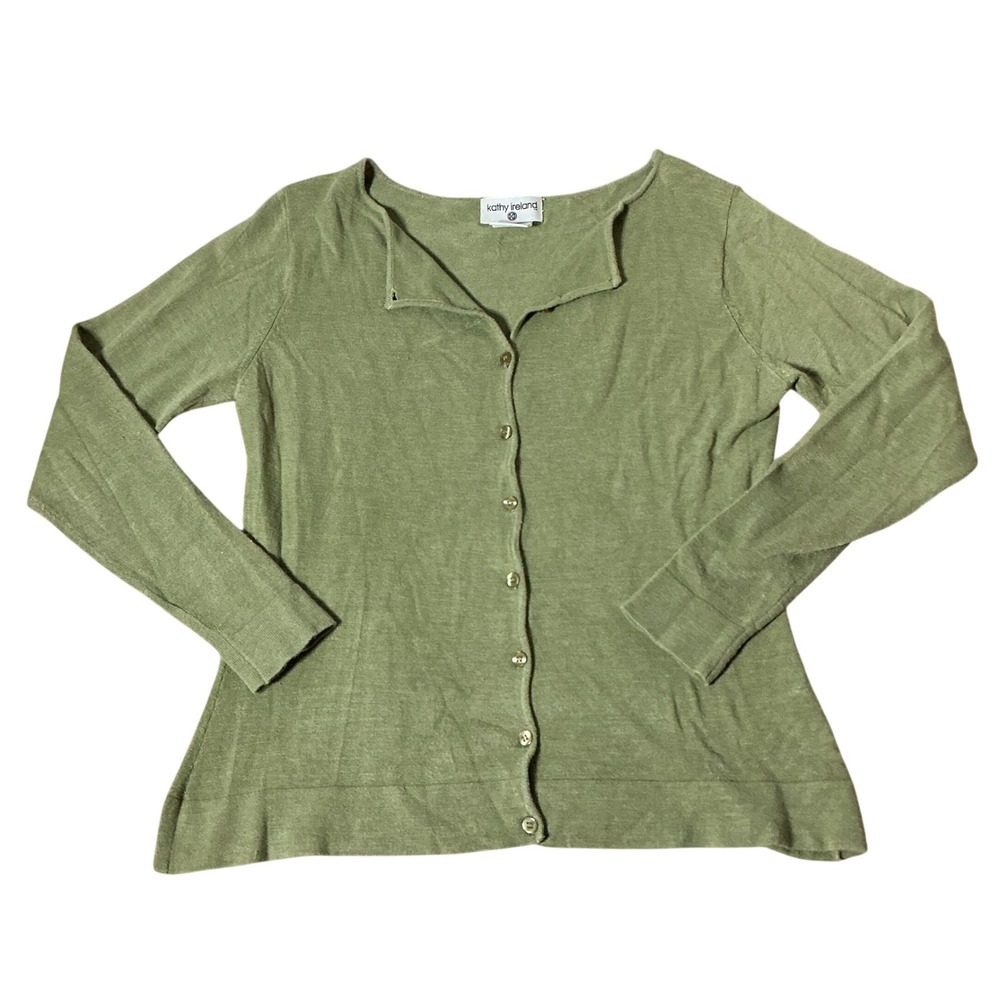 Kathy Ireland Women Minimalist Green Silk Blend  Neck‎ Button Layering Sweater M